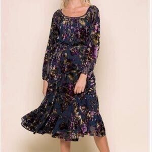 Anthropologie RAGA Navy Blue Floral Belted Velvet Long Sleeve Midi Dress Size S